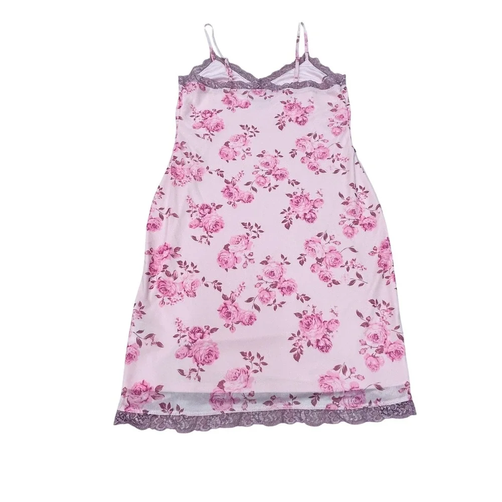 Pink Floral‎ Slip Dress Small Lace Trim Chemise Lingerie Nightgown Y2K Coquette